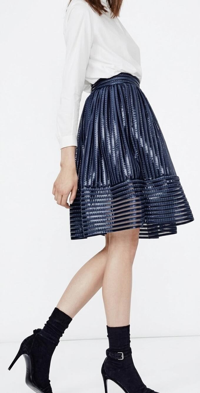 Maje Women's Navy Blue Black James Coated Mesh Stripe Midi Skirt Size 2
